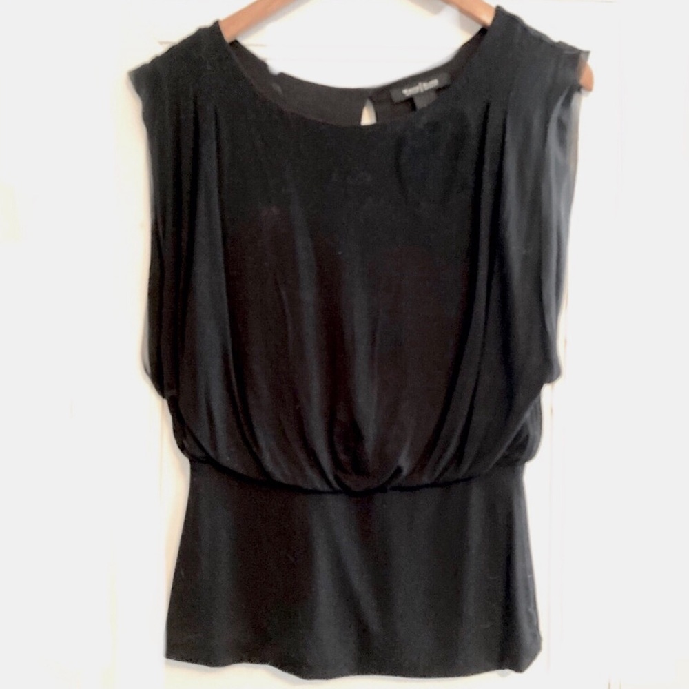 WHBM | sleeveless top with cinched bottom, sheer flouncy sides, keyhole …